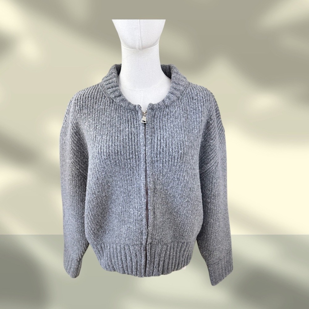 Du Paradis Ribbed Knit Zip Up Bomber Sweater Jacket Gray oversized heavy Women's
